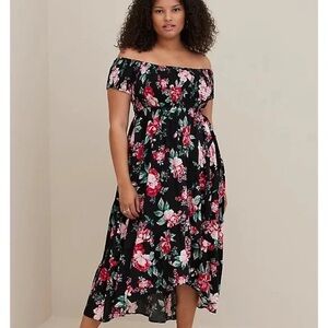 Torrid Maxi Challis Off Shoulder Smocked Floral Dress Sz 00